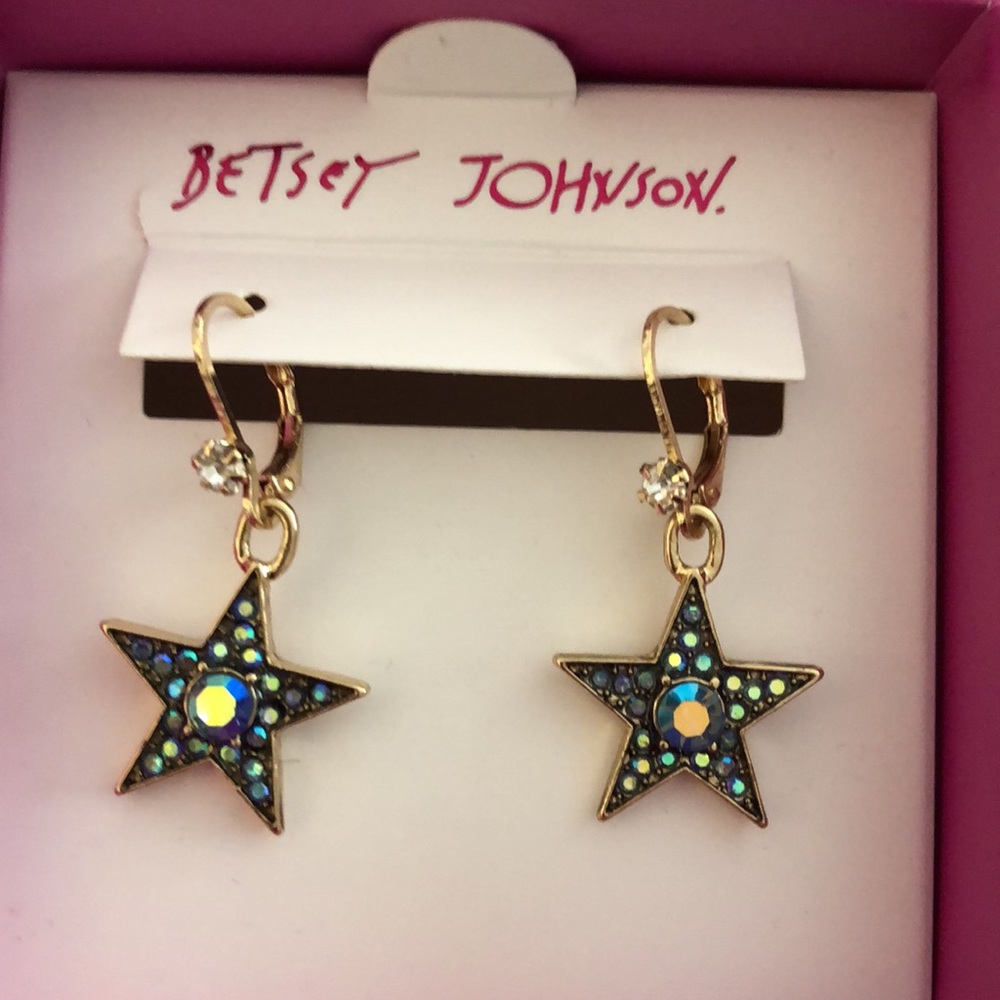 Betsey Johnson Gold Tone Heavenly Creatures Star Drop Earrings Oil Slick Color - Picture 7 of 11